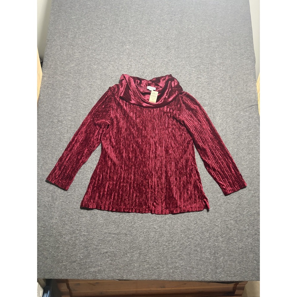 Coldwater Creek Blouse Top Womens XL Burgundy Chevron Textured Velvet Cowl Neck